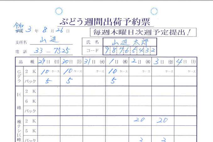 JA松本ハイランドで使用されていた出荷予約表